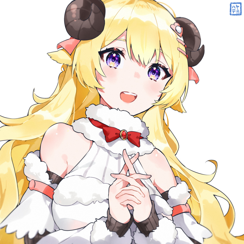 1girl, :d, animal_ears, bangs, bare_shoulders, blonde_hair, bow, breasts
