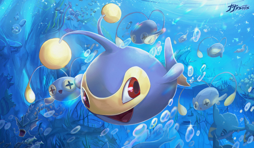 :d, absurdres, air_bubble, bubble, chinchou, chromatic_aberration, commentary_request, fish