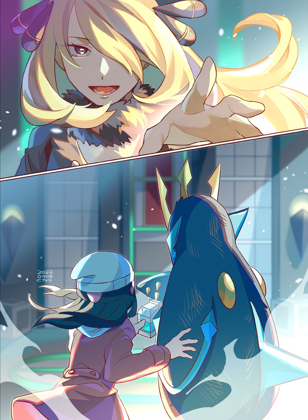 2girls, beanie, black_coat, black_hair, blonde_hair, blurry, coat, commentary_request