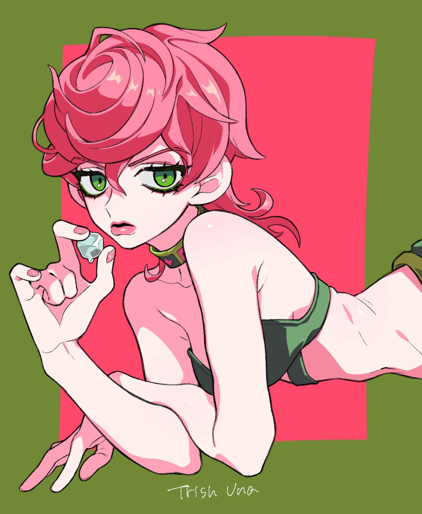 1girl, bare_shoulders, border, c73an, character_name, green_border, green_eyes, hair_between_eyes