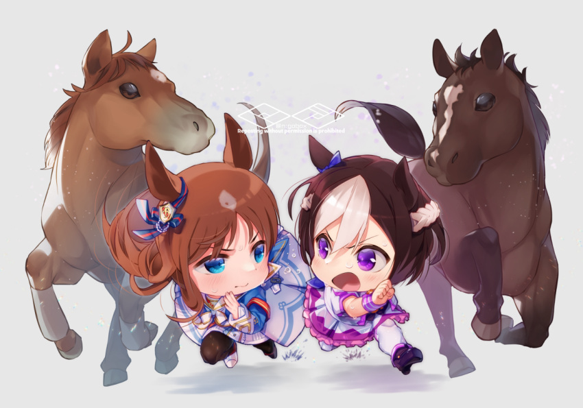 2girls, animal, animal_ears, blue_eyes, brown_hair, character_request, chibi, commentary_request