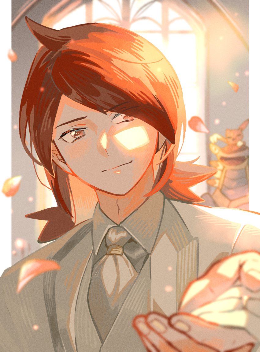 1boy, armaldo, bangs, blurry, closed_mouth, collared_shirt, commentary_request, cowlick