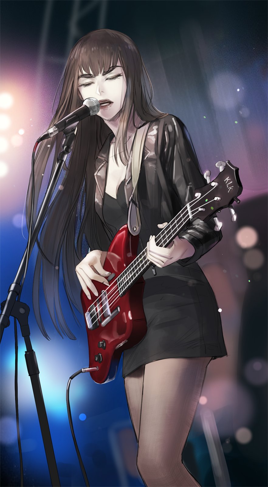 1girl, bangs, bass_guitar, black_shirt, black_skirt, blurry, brown_hair, closed_eyes