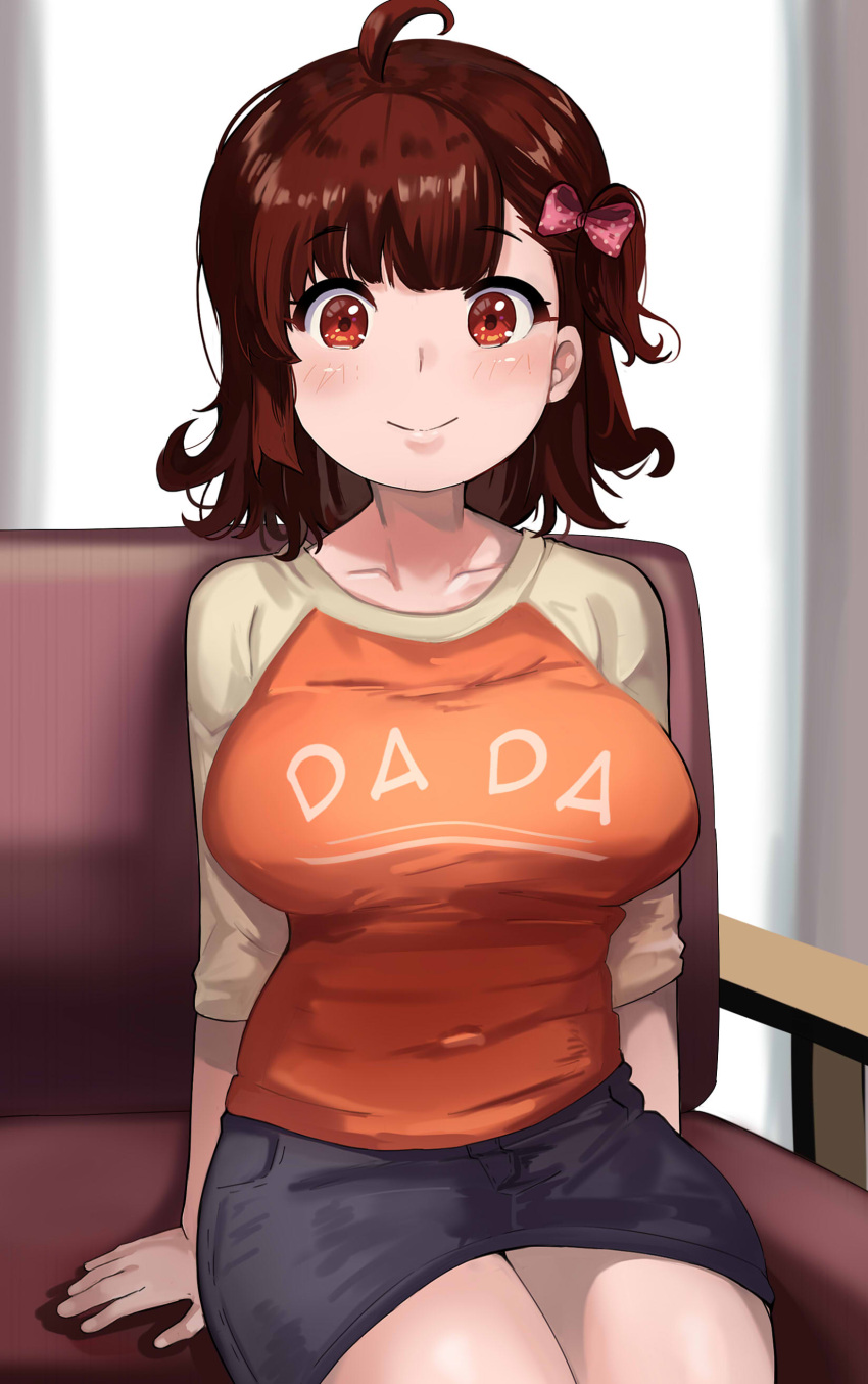 1girl, absurdres, ayana_(liberty_manurung), black_skirt, bow, brown_eyes, brown_hair, cowboy_shot, hair_bow, highres, liberty_manurung, long_sleeves, looking_at_viewer, medium_hair, orange_shirt, original, pink_bow, polka_dot, polka_dot_bow, print_shirt, raglan_sleeves, shadow, shirt, sitting, skirt, smile, solo