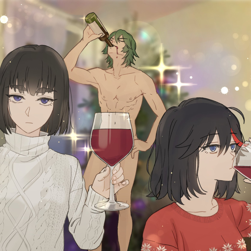 1boy, 2girls, abs, alcohol, bangs, blue_eyes, blurry, bottle