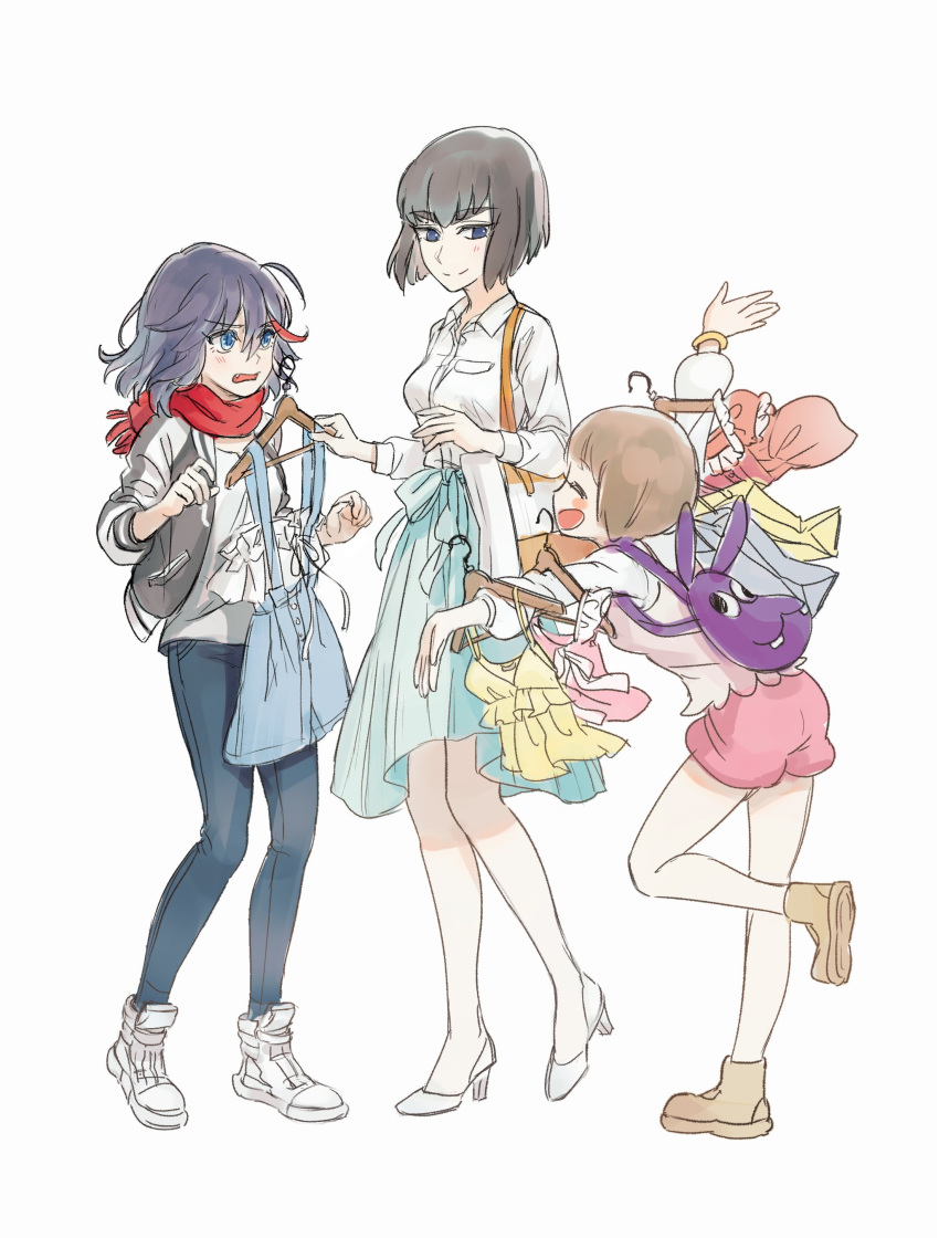 3girls, absurdres, alternate_costume, bangs, blue_eyes, blush, brown_footwear, closed_mouth