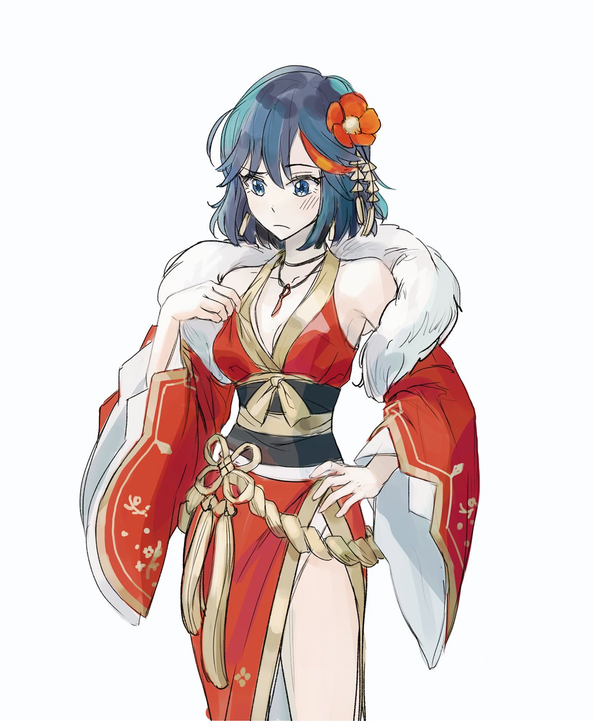 1girl, alternate_costume, bangs, black_hair, blue_eyes, blush, breasts, closed_mouth, collarbone, commentary_request, eyelashes, flower, frown, fur_(clothing), hair_flower, hair_ornament, hand_on_hip, hand_up, highres, jibek_lily, kill_la_kill, korean_commentary, looking_down, matoi_ryuuko, multicolored_hair, orange_flower, orange_hair, short_hair, simple_background, solo, streaked_hair, white_background