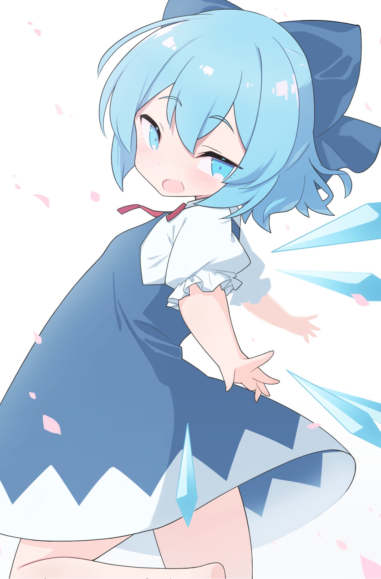1girl, bangs, blue_bow, blue_dress, blue_eyes, blue_hair, bow, burumanoeat, cirno, dress, from_side, hair_bow, highres, ice, ice_wings, looking_at_viewer, open_mouth, short_hair, short_sleeves, touhou, wings