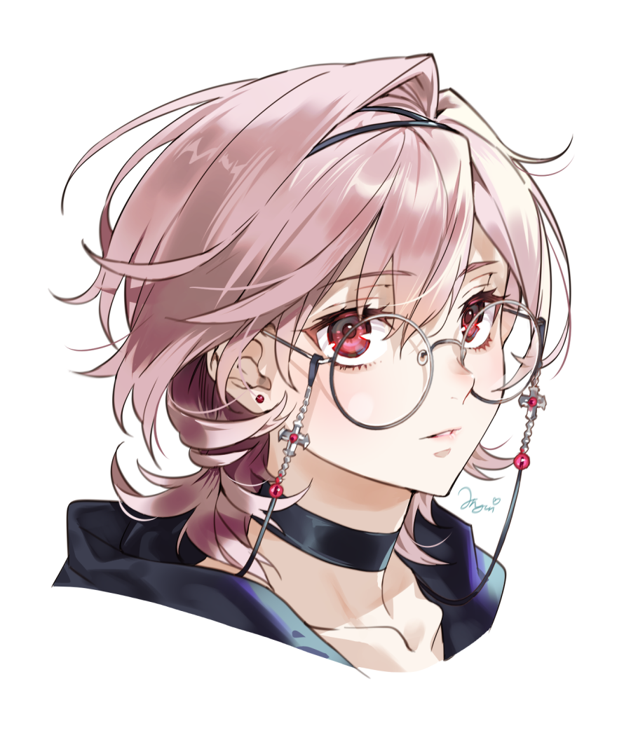 choker, earrings, eyewear_chain, eyewear_strap, glasses, hairband, hood, hoodie