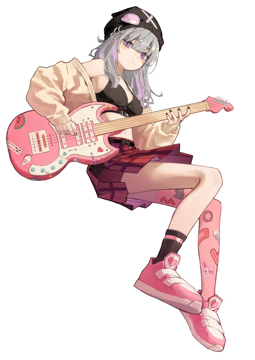 1girl, :<, absurdres, bare_shoulders, beanie, black_bra, black_headwear, black_legwear, black_nails, bra, breasts, brown_jacket, closed_mouth, commentary, commission, electric_guitar, grey_hair, guitar, hat, highres, holding, holding_instrument, instrument, invisible_chair, jacket, key_hair_ornament, large_breasts, looking_at_viewer, midriff, multicolored_hair, navel, off_shoulder, original, pink_footwear, pink_hair, pink_legwear, plaid, plaid_skirt, pleated_skirt, red_skirt, shoes, single_sock, single_thighhigh, sitting, skirt, sneakers, socks, solo, sticker, thigh-highs, two-tone_hair, underwear, violet_eyes, white_background, yoon_cook