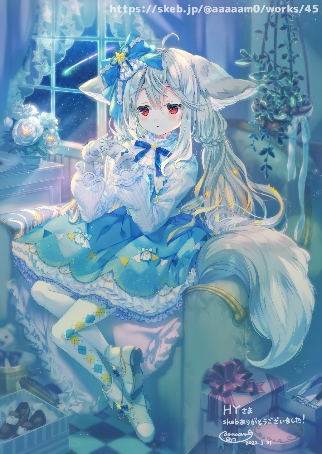 1girl, amo_(shibu3), animal_ear_fluff, animal_ears, argyle, argyle_legwear, blue_bow, blue_dress