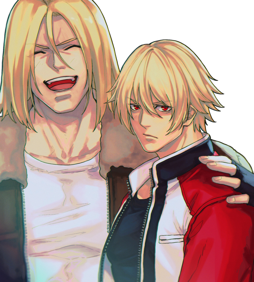 2boys, :d, ^_^, bangs, black_gloves, black_shirt, blonde_hair, bomber_jacket