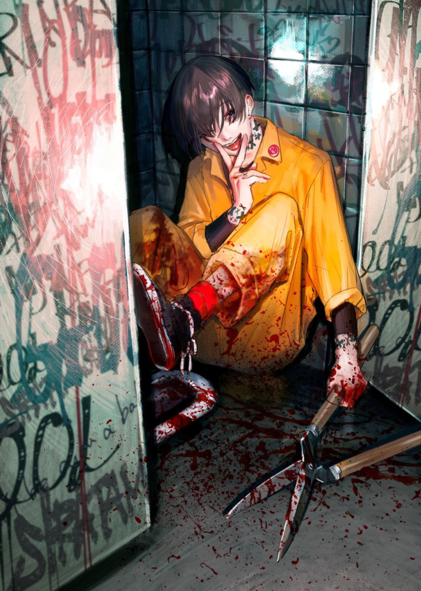 1boy, arm_tattoo, badge, bathroom, blood, blood_on_clothes, blood_splatter, brown_hair, button_badge, dark, ear_piercing, earrings, graffiti, grin, highres, horror_(theme), jewelry, jumpsuit, leg_up, male_focus, neck_tattoo, one_eye_covered, original, piercing, rit3set, shears, shoes, short_hair, sitting, smile, sneakers, socks, solo, squat_toilet, tattoo, tongue, tongue_out, undershirt, v_over_mouth, violet_eyes