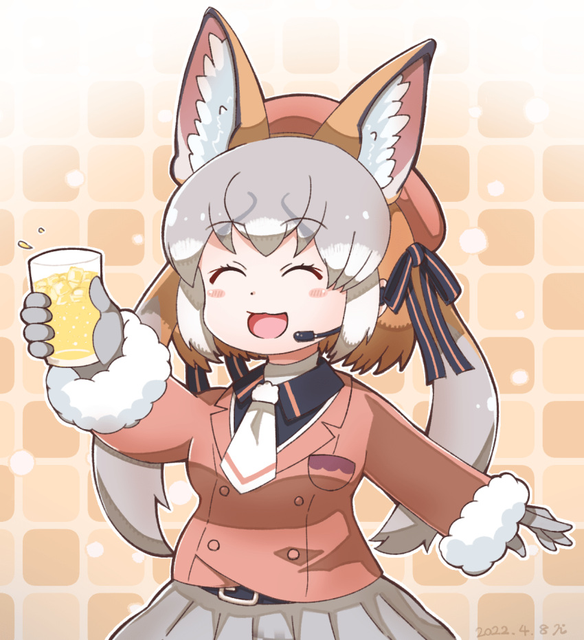 1girl, animal_ears, closed_eyes, fox_ears, fox_girl, fox_tail, gloves, highres, hissaa_(hisser), island_fox_(kemono_friends), kemono_friends, kemono_friends_v_project, long_hair, looking_at_viewer, microphone, multicolored_hair, necktie, shirt, simple_background, skirt, smile, solo, tail, virtual_youtuber