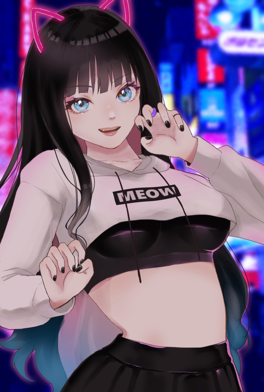 +_+, 1girl, animal_ears, black_hair, black_nails, blue_eyes, blue_hair, breasts, cat_ears, cityscape, claws, cropped_hoodie, english_text, fake_animal_ears, fang, gradient_hair, highres, hood, hoodie, lips, long_hair, long_sleeves, looking_at_viewer, medium_breasts, midriff, multicolored_hair, neon_lights, open_mouth, original, skirt, smile, solo, sports_bra, tsunagi_1111, upper_body, very_long_hair