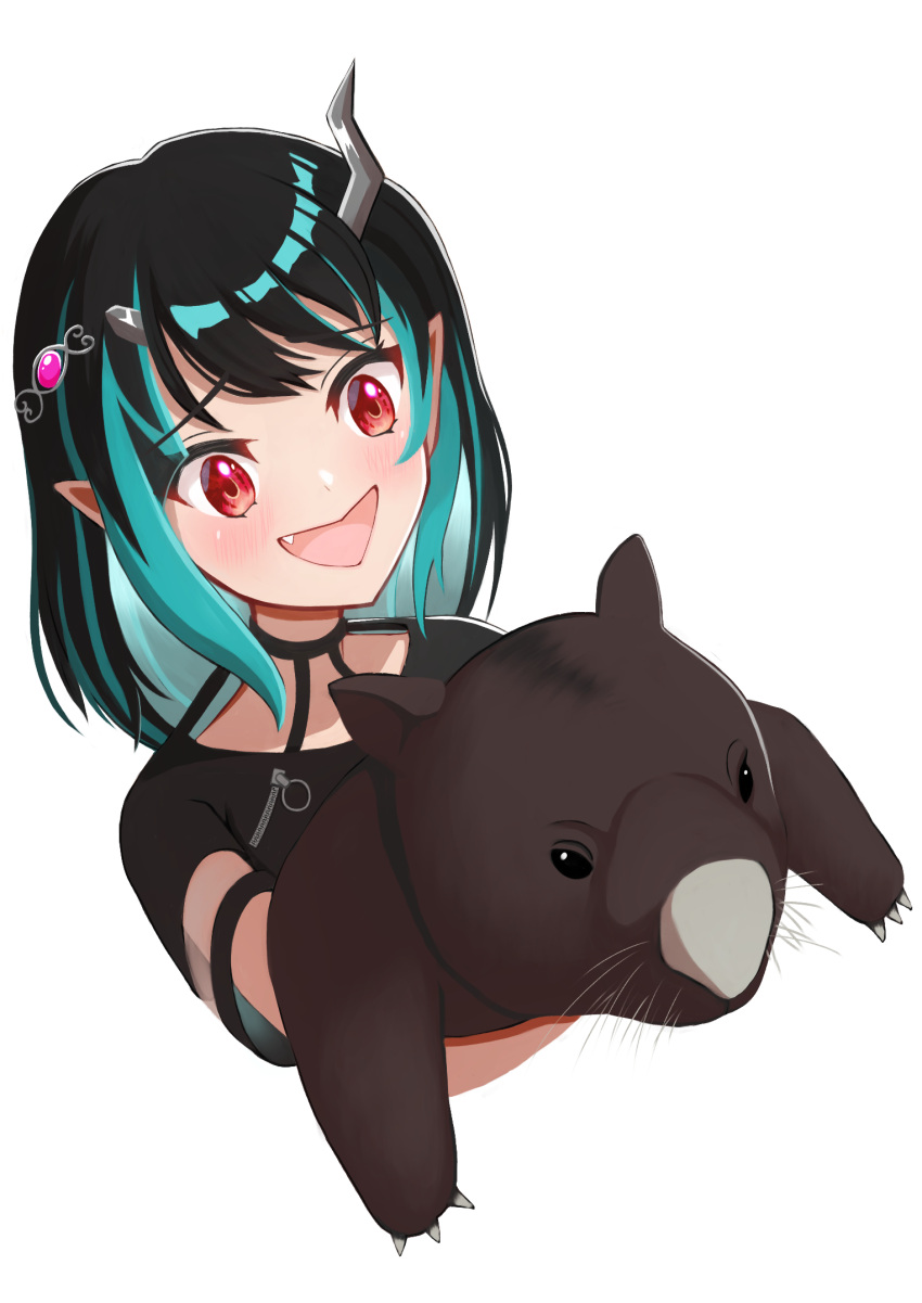 1girl, animal, bangs, black_hair, black_shirt, blue_hair, blush, bonchi_age
