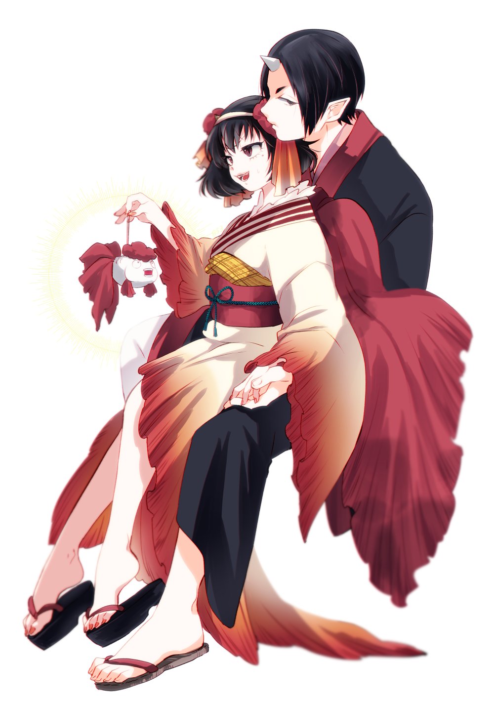 1boy, 1girl, black_hair, eyeshadow, highres, hoicyo, holding_hands, hoozuki_(hoozuki_no_reitetsu)