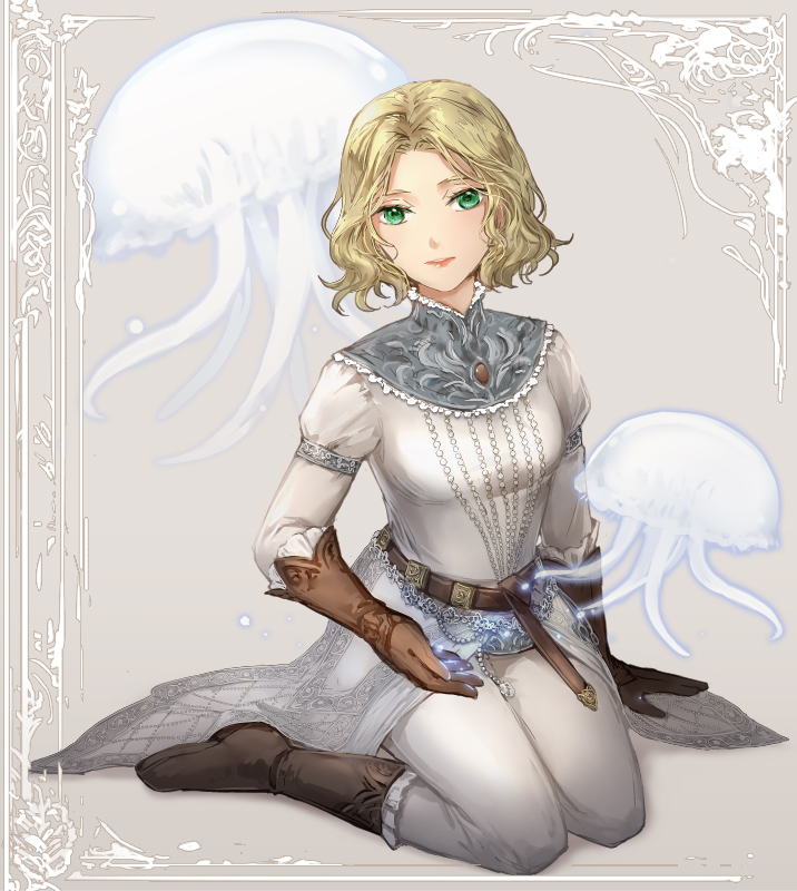 arukas, belt, blonde_hair, boots, elden_ring, frills, gloves, green_eyes