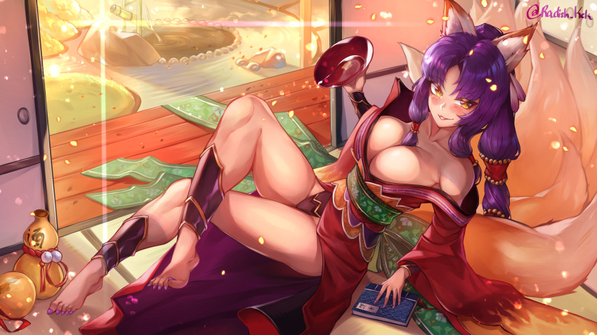 1girl, absurdres, animal_ear_fluff, animal_ears, architecture, breasts, cup, east_asian_architecture