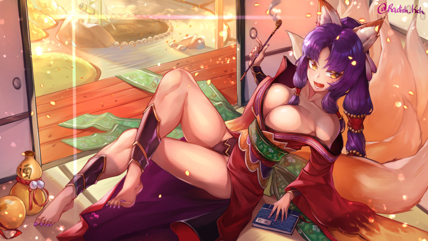 1girl, absurdres, animal_ear_fluff, animal_ears, architecture, breasts, east_asian_architecture, fang, fox_ears, fox_girl, fox_tail, furisode, highres, holding, holding_pipe, japanese_clothes, kimono, kiseru, large_breasts, long_hair, multiple_tails, obi, off_shoulder, open_mouth, orange_eyes, original, pipe, purple_hair, radishkek, red_kimono, sash, sitting, sliding_doors, slit_pupils, solo, tail, tatami, wide_sleeves