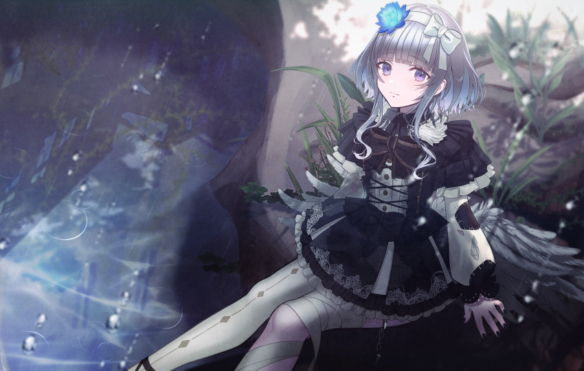 1girl, bandages, black_bow, black_dress, bow, dress, flower, grass