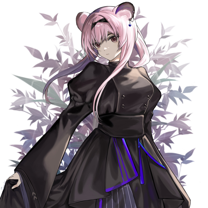 1girl, absurdres, animal_ears, arknights, bangs, black_dress, black_hairband, breasts, brown_eyes, closed_mouth, cowboy_shot, dress, eyebrows_behind_hair, hairband, highres, juliet_sleeves, layered_dress, leaf, leaf_background, lin_yuhsia_(arknights), long_hair, long_sleeves, looking_at_viewer, medium_breasts, mouse_ears, pink_hair, ponytail, puffy_sleeves, sidelocks, skirt_hold, solo, tamashii-s, white_background, wide_sleeves