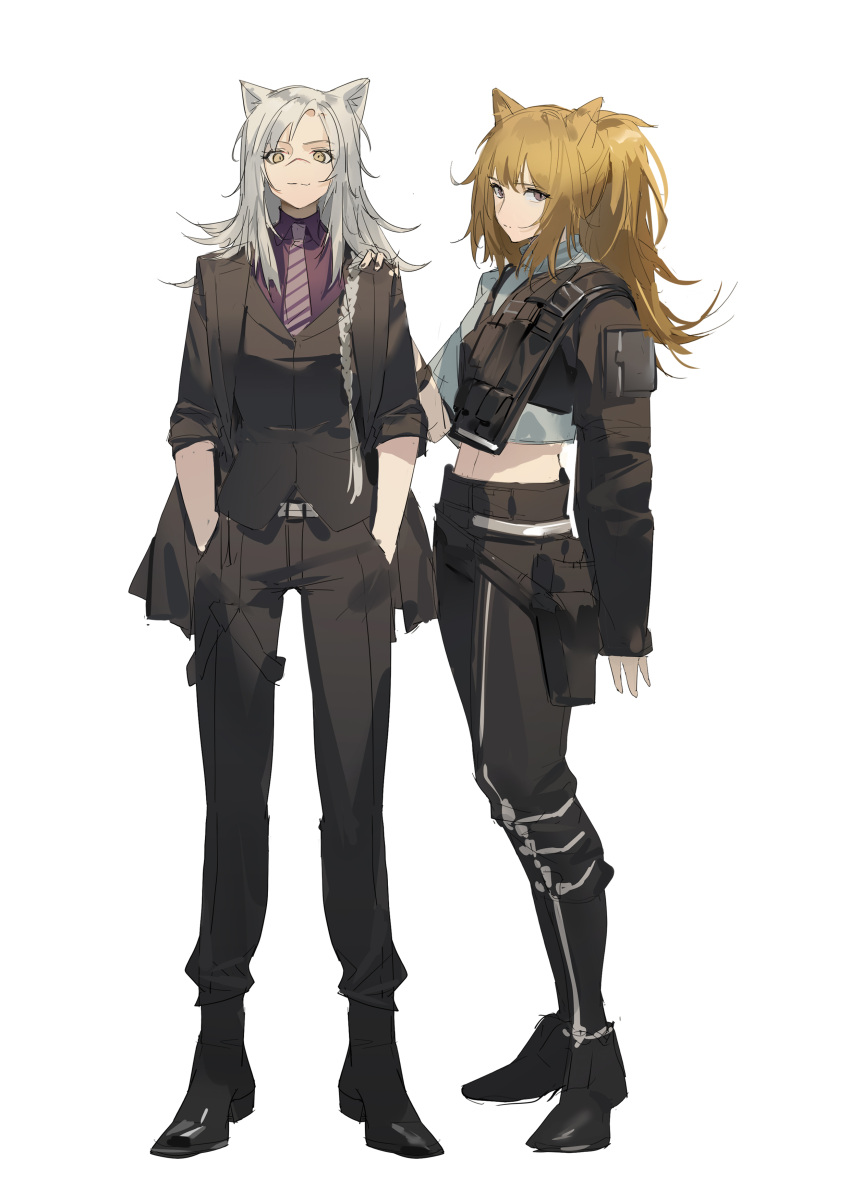 2girls, absurdres, animal_ears, arknights, bangs, black_footwear, black_jacket, black_pants