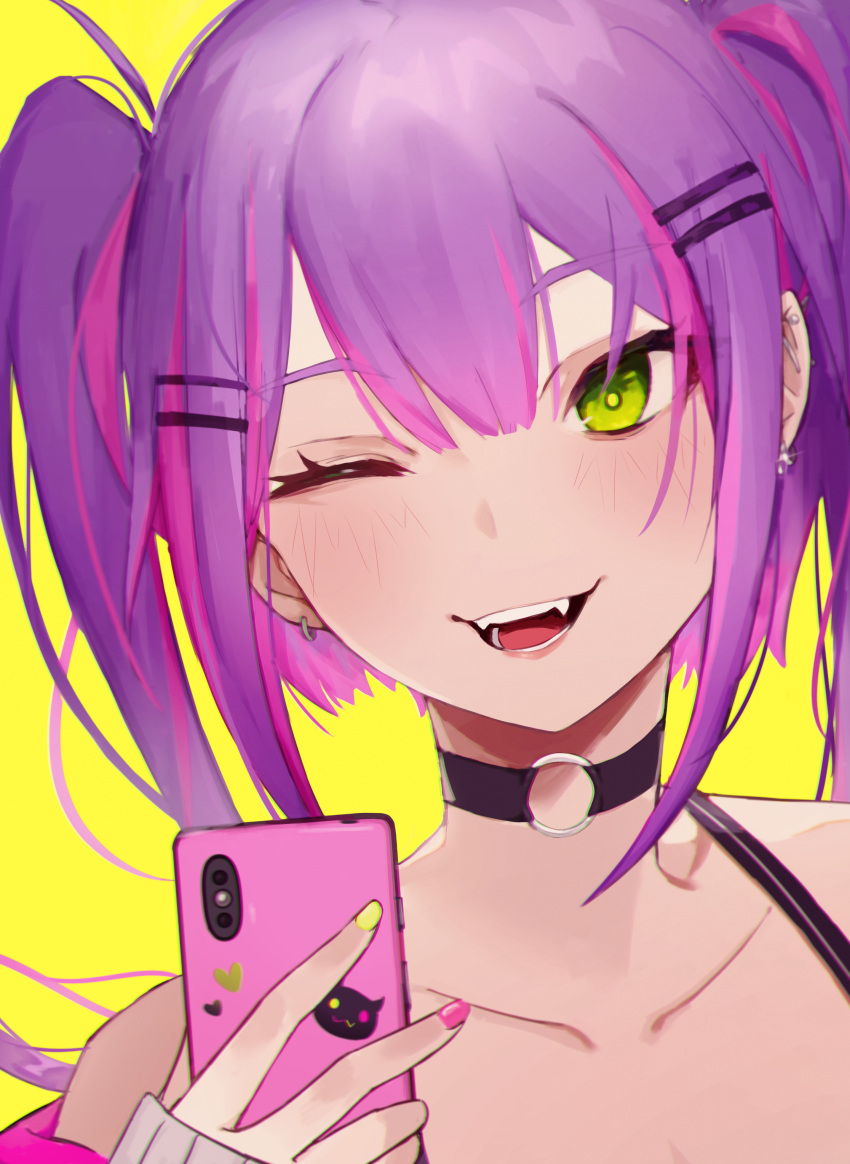 absurdres, bibi_(tokoyami_towa), cellphone, choker, close-up, face, fangs, green_eyes