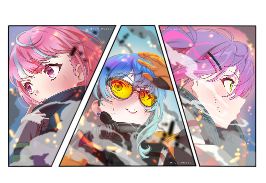 3girls, apex_legends, armor, black_scarf, blue_eyes, blue_hair, bodysuit, cosplay