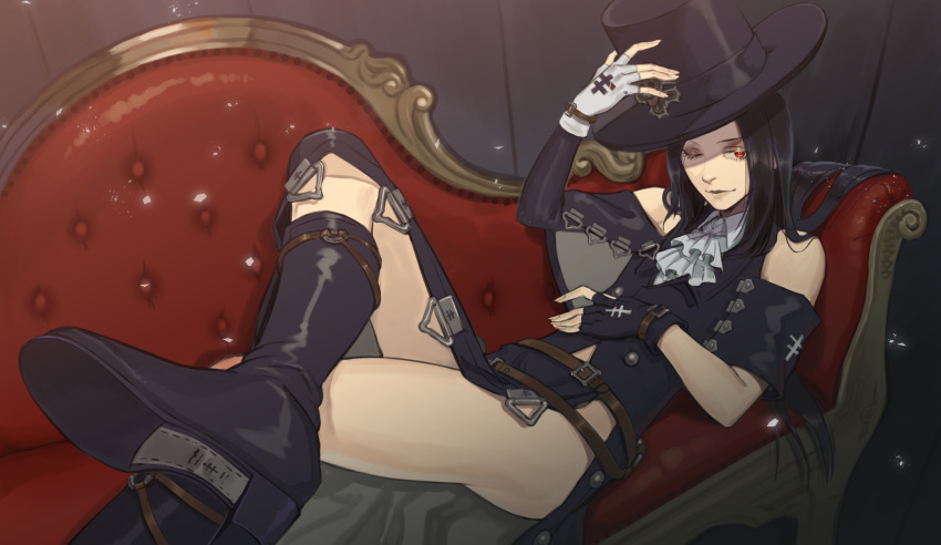 1other, androgynous, bare_shoulders, black_hair, boots, choker, fingerless_gloves, gloves