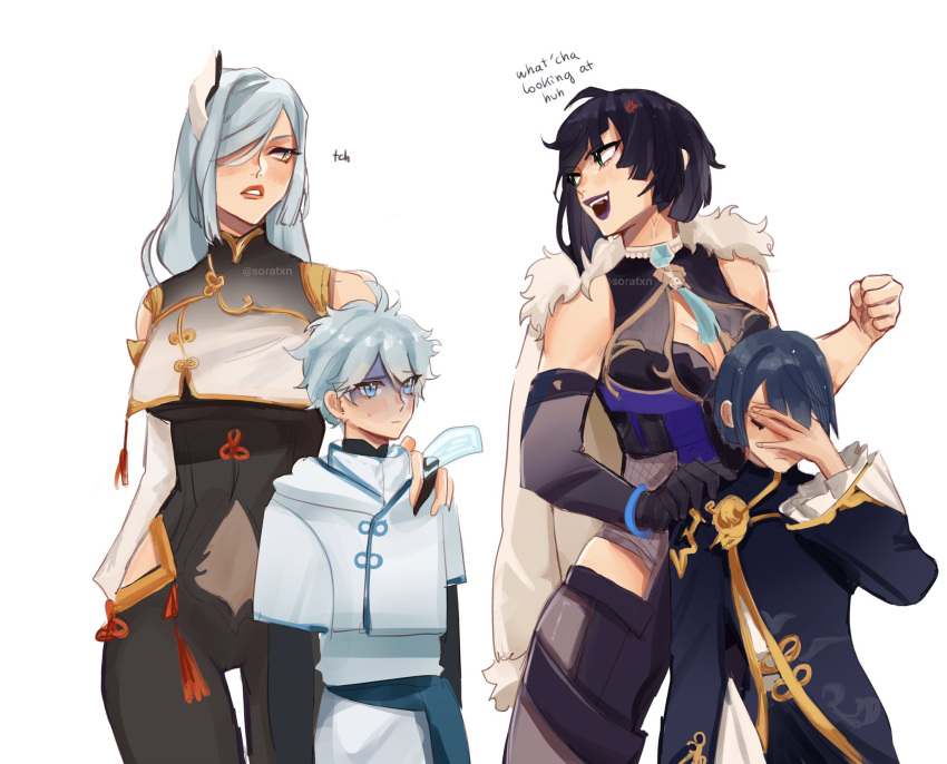 2boys, 2girls, asymmetrical_bangs, aunt_and_nephew, bangs, black_bodysuit, blue_eyes, blue_hair