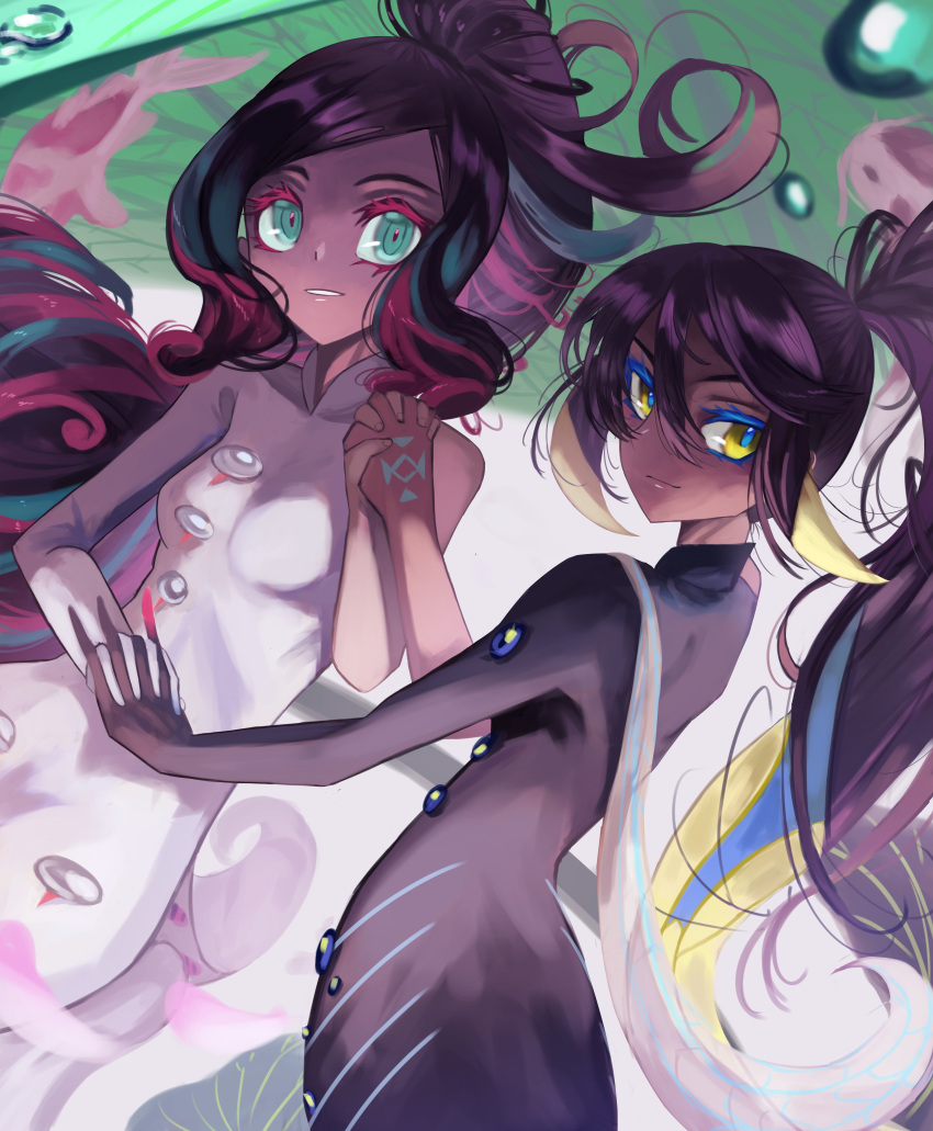 2girls, absurdres, black_hair, breasts, dark-skinned_female, dark_skin, eyeliner, fate/grand_order, fate_(series), gloves, green_eyes, hair_between_eyes, highres, holding_hands, long_hair, long_sleeves, m0_chi, makeup, medium_breasts, multicolored_hair, multiple_girls, nakayoshi_saber, ponytail, siblings, sidelocks, single_sleeve, sisters, smile, streaked_hair, tattoo, trung_nhi_(fate), trung_sisters, trung_trac_(fate), tsurime, vietnamese_dress, wavy_hair, yellow_eyes