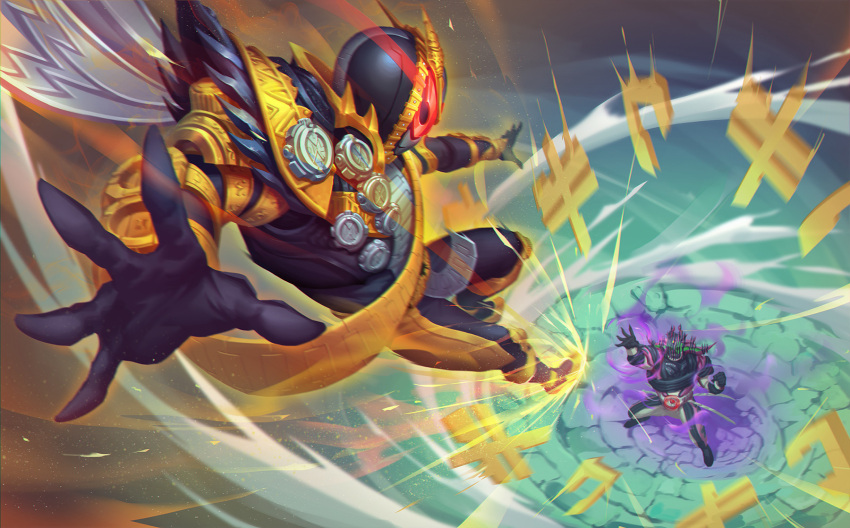 2boys, another_decade, another_rider_(zi-o), armor, arrow_(symbol), aura, battle, black_armor, black_bodysuit, black_footwear, black_gloves, bodysuit, boots, bug, clock, clock_hands, cowboy_shot, creature, driver_(kamen_rider), evil, finishing_move, full_body, gloves, glowing, glowing_eyes, gold_armor, gold_trim, green_eyes, highres, kamen_rider, kamen_rider_zi-o_(series), katakana, long_coat, male_focus, monster, multiple_boys, open_hands, ouma_zi-o, peihao_wang, powering_up, red_eyes, rider_belt, rider_kick, rider_watch, spoilers, tokusatsu, villain_pose, waistcoat, weapon