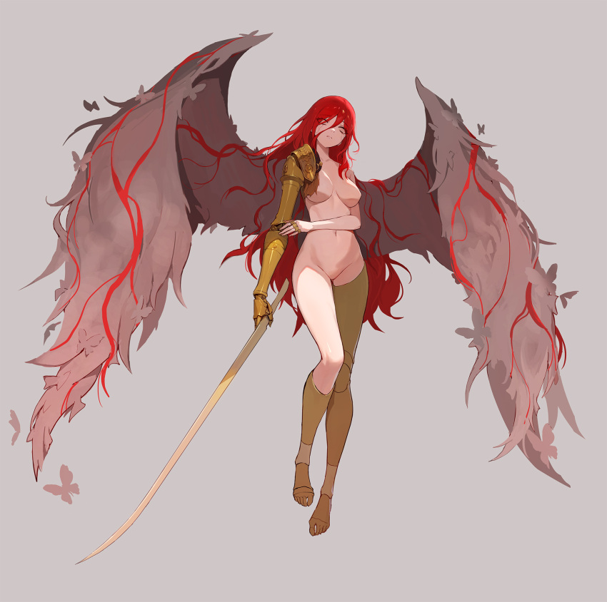1girl, amputee, breasts, bug, butterfly, closed_mouth, completely_nude, elden_ring