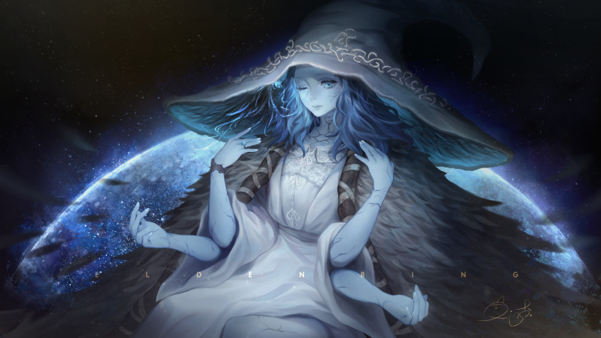 1girl, blue_eyes, blue_hair, blue_skin, cloak, closed_mouth, colored_skin, commentary_request