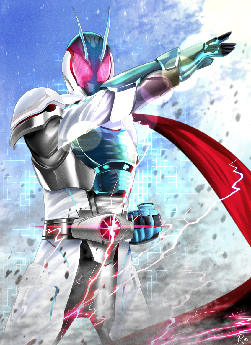 1boy, absurdres, aqua_gloves, armor, compound_eyes, cyclotron_driver, driver_(kamen_rider), electricity