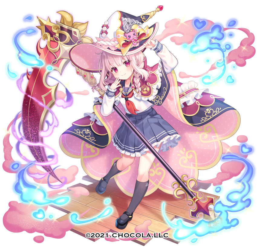 1girl, arm_up, bangs, black_cape, black_footwear, black_headwear, black_legwear, black_sailor_collar, black_skirt, blush, braid, cape, character_request, closed_mouth, commentary_request, eyebrows_visible_through_hair, frilled_skirt, frilled_sleeves, frills, full_body, hand_on_headwear, head_tilt, highres, holding, holding_scythe, kneehighs, komachi_pochi, long_hair, long_sleeves, neckerchief, official_art, pink_cape, pink_hair, pleated_skirt, puffy_long_sleeves, puffy_sleeves, red_eyes, red_neckerchief, sailor_collar, school_uniform, scythe, serafuku, shirt, shoes, skirt, sleeves_past_wrists, smile, solo, standing, standing_on_one_leg, sugar_conflict, twin_braids, white_background, white_shirt