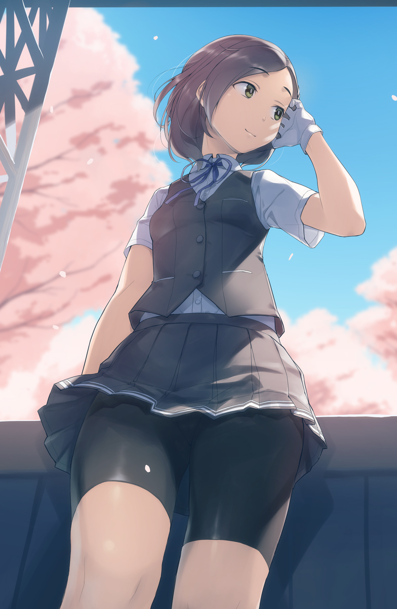 1girl, bike_shorts, bike_shorts_under_skirt, black_hair, black_shorts, black_vest, blue_neckwear, blue_ribbon