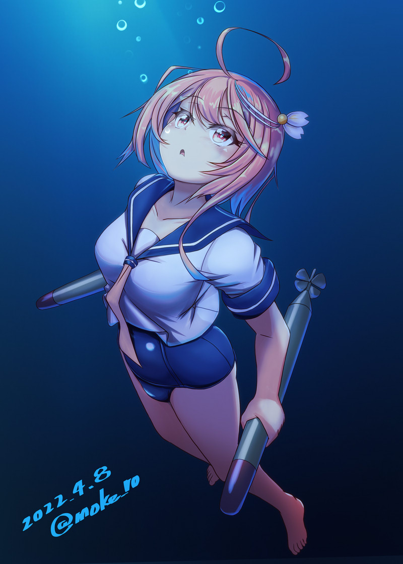 1girl, ahoge, air_bubble, barefoot, blue_swimsuit, breasts, bubble, collarbone