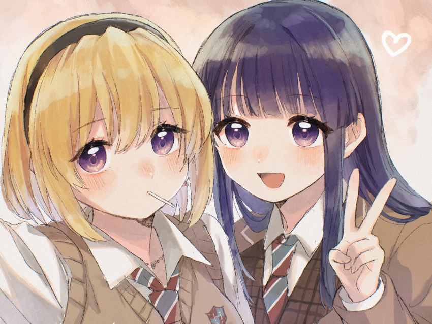 2girls, :d, black_hairband, blazer, blonde_hair, blue_hair, candy, collared_shirt, eyebrows_visible_through_hair, food, furude_rika, hairband, heart, highres, higurashi_no_naku_koro_ni, houjou_satoko, jacket, jewelry, lollipop, long_hair, looking_at_viewer, morisata, mouth_hold, multiple_girls, necklace, necktie, portrait, reaching_out, school_uniform, selfie, shirt, short_hair, smile, sweater_vest, v, violet_eyes, white_shirt