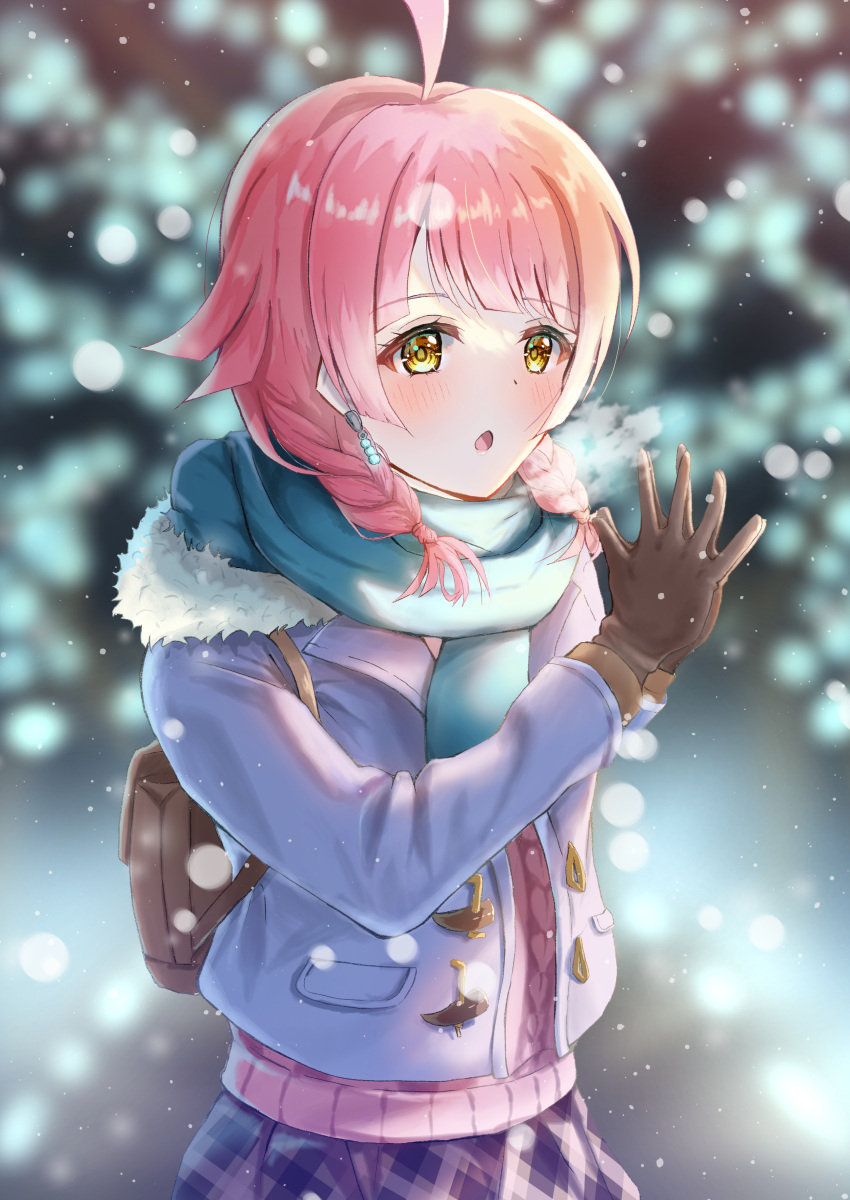 1girl, absurdres, ahoge, bag, bangs, blue_scarf, blurry, blurry_background