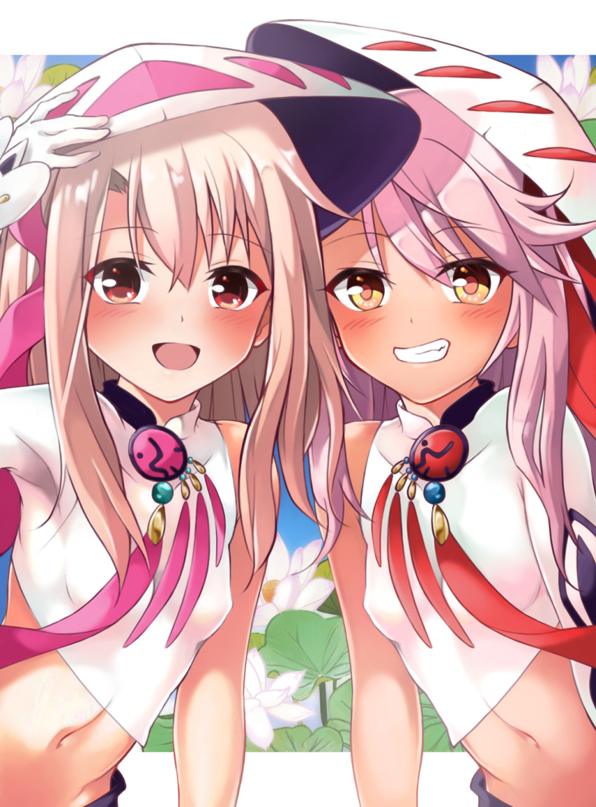 2girls, bangs, blush, breasts, chloe_von_einzbern, cosplay, dark-skinned_female, dark_skin