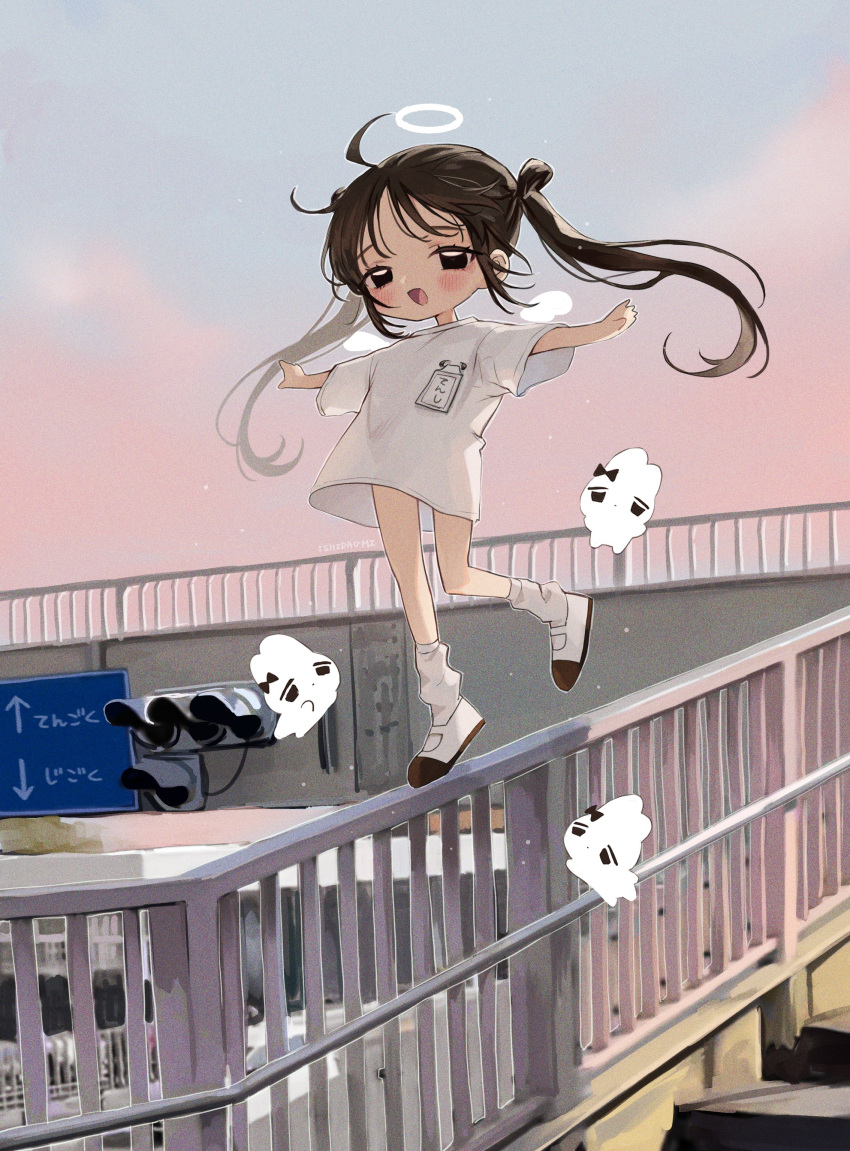 1girl, :d, absurdres, ahoge, angel, angel_wings, backlighting, balancing