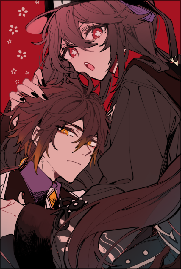 1boy, 1girl, :|, akina422, bangs, black_headwear, black_nails, brown_hair