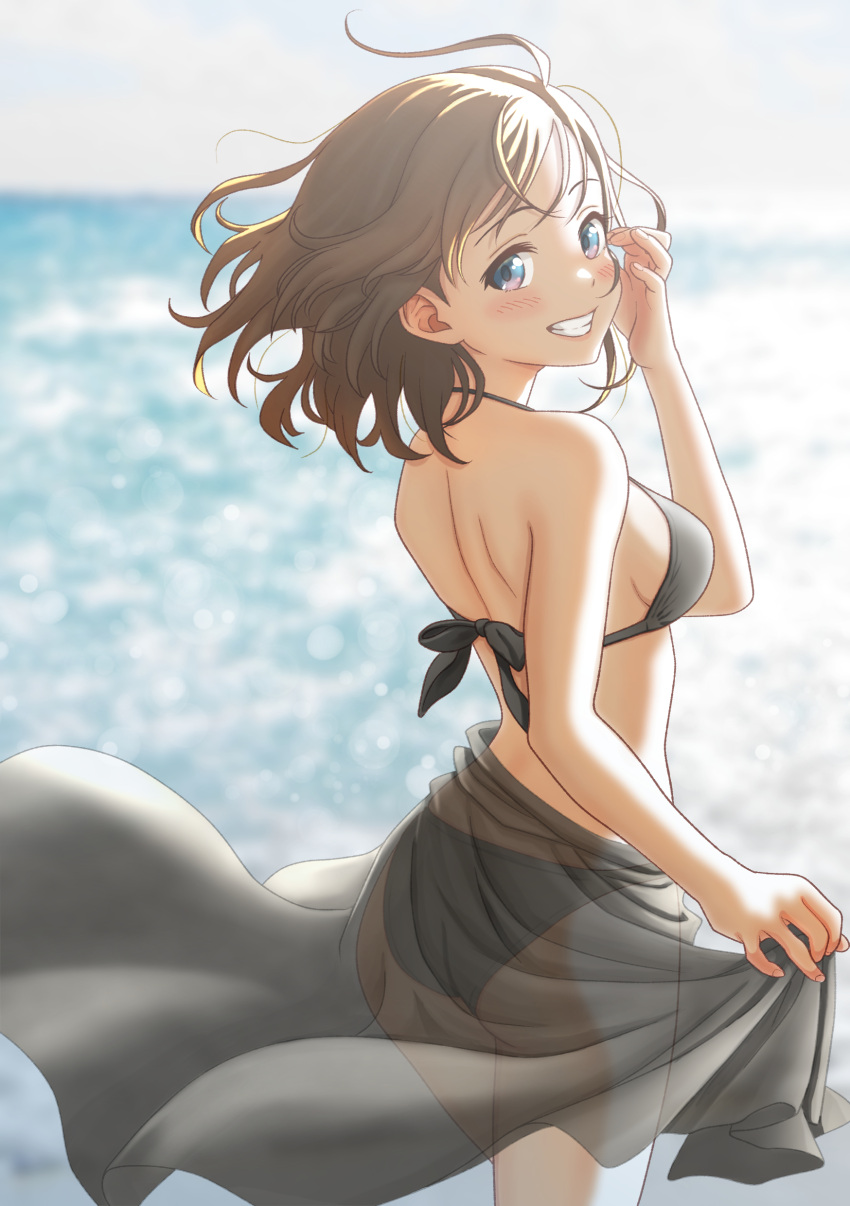 1girl, absurdres, bikini, black_bikini, blue_eyes, brown_hair, cowboy_shot, from_behind