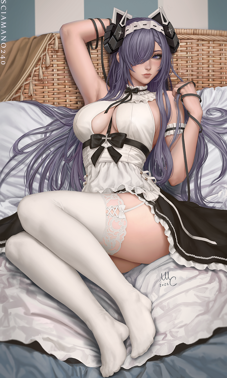 1girl, 2022, apron, arm_up, artist_name, august_von_parseval_(azur_lane), azur_lane, bare_shoulders