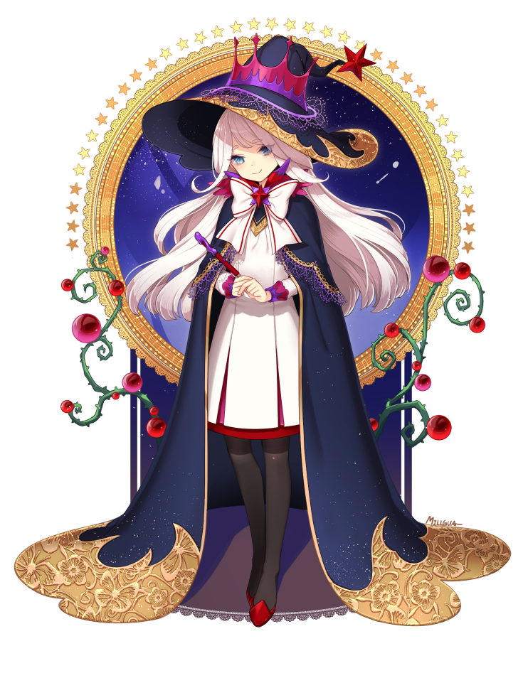 1girl, artist_name, black_legwear, blue_cloak, blue_eyes, bow, cloak, closed_mouth
