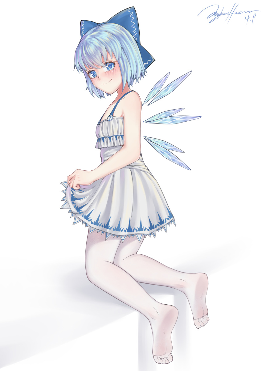 1girl, absurdres, alternate_costume, bare_shoulders, barefoot, blue_eyes, blue_hair, blush, bow, circled_9, cirno, dress, eyebrows_behind_hair, feet, flat_chest, from_side, full_body, hair_bow, highres, ice, ice_wings, kneeling, littiecy, looking_at_viewer, looking_back, pantyhose, short_hair, simple_background, smile, soles, solo, toes, touhou, white_background, white_legwear, wings