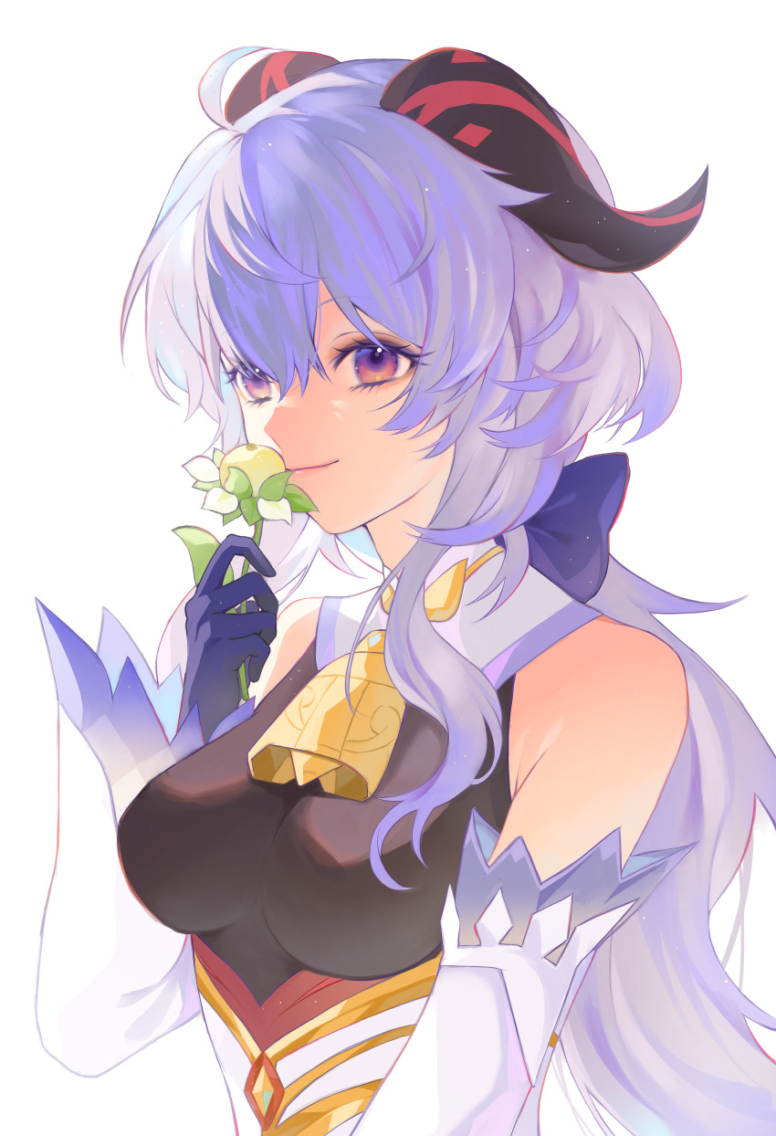1girl, absurdres, ahoge, bangs, bare_shoulders, bell, blue_gloves, blue_hair