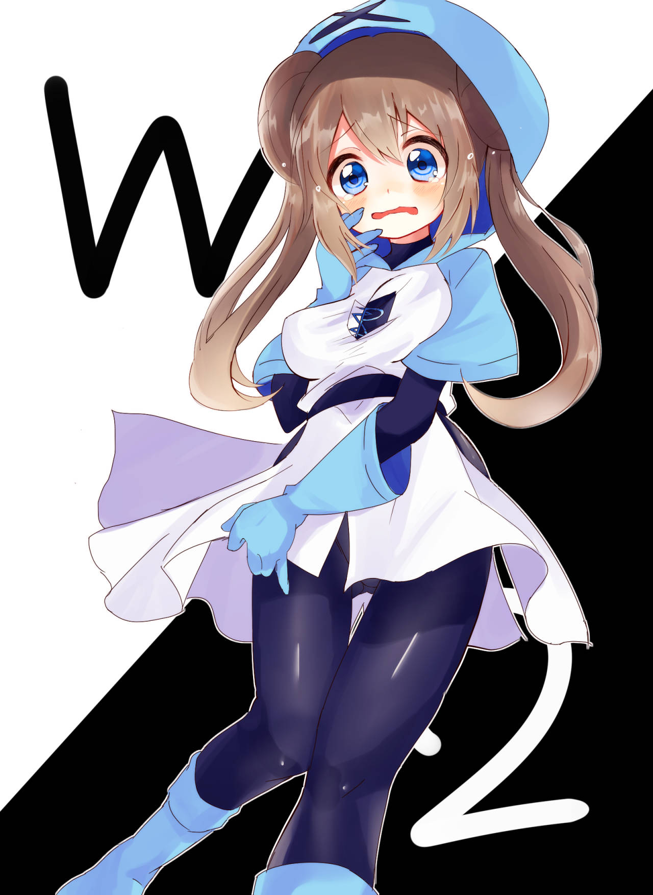1girl, bangs, belt, black_belt, black_legwear, blue_eyes, blue_footwear, blue_gloves